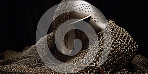 A complex, handmade chainmail armor piece, illustrating the niche hobby of medieval craftsmanship, concept of