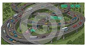Complex highway interchange illustration with multiple elevated roadways