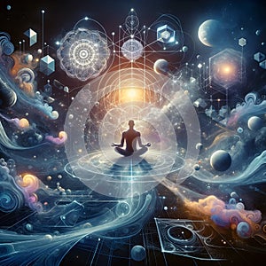 A complex image merging concepts from cosmology, spirituality, and sacred geometry. photo