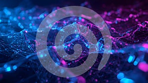 Complex interconnected digital network illuminated with neon lighting pattern