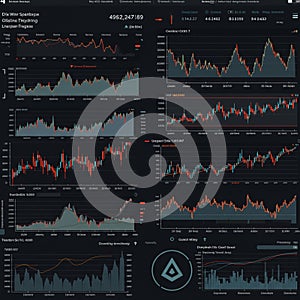 A complex interface displays multiple financial graphs and charts, featuring line and