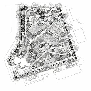 Complex landscape design drawing featuring winding pathways, diverse plant photo