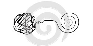 Complex lines knot simplified into simple spiral, complex problem solving icon, design concept, isolated vector