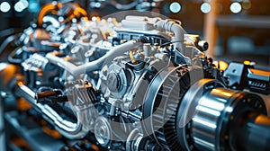 Complex machine engine parts. Close-up mechanical design