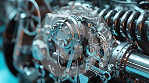 Complex machine engine parts. Close-up mechanical design