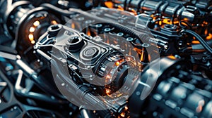 Complex machine engine parts. Close-up mechanical design