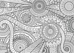 Complex mandala movement design for adult coloring book and background