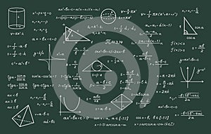 Complex math calculations with chalk green chalkboard illustration. Trigonometric formulas with algebraic computation