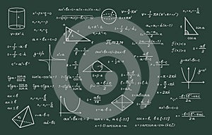 Complex math calculations with chalk green chalkboard illustration. Trigonometric formulas with algebraic computation photo