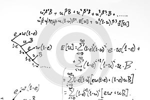 Complex math formulas on whiteboard. Mathematics and science with economics