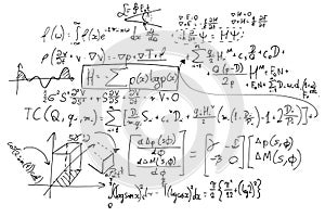 Complex math formulas on whiteboard. Mathematics and science with economics photo