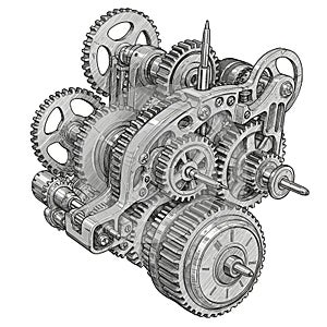 Complex mechanical assembly with interlocking gears and cogs of various sizes. Th