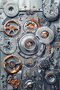 Complex Mechanical Gears and Cogs Texture on a Metallic Surface with Vibrant Orange Accents