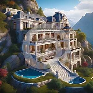 complex mega mansion built into a mountain hyperrealism photoillustration