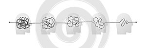 Complex messy connected line in head icon as concept of chaos solving. Process of problem simplifying in mind. Vector
