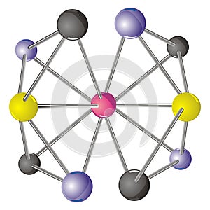 Complex molecule with CMYK coloured atoms