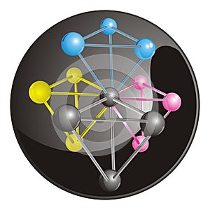 Complex molecule with CMYK coloured atoms with bl