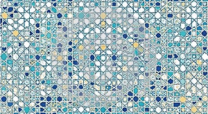 A complex mosaic pattern featuring a repetitive geometric design of