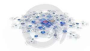 Complex Network of Blue Nodes and Connections with Central Digital Elements data technology