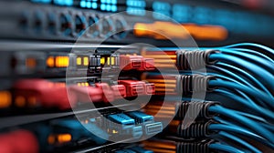 A complex network of blue and orange cables.