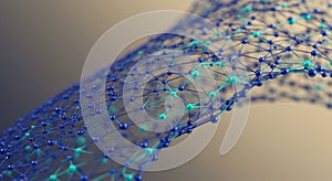 A complex network of blue and teal nodes connected by thin lines forms an abstract