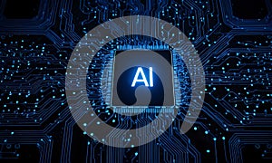 Complex network of circuits converges, microchip with 'ai'. Representing advanced technology, artificial