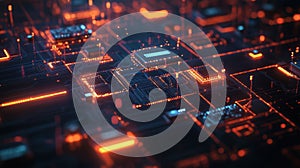 Futuristic circuitry glowing with data flowing through complex network