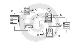A complex network diagram illustrating interconnected computer servers and data storage systems