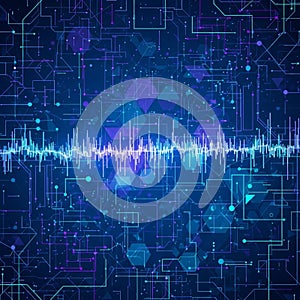 A complex network of geometric shapes, lines, and circuits on a deep