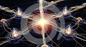 Abstract network of glowing nodes connected by lines and particle streams on dark background
