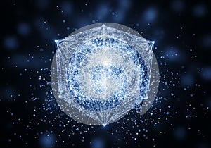 A complex network of glowing points and connecting lines forms