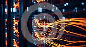 Complex network of illuminated server racks in a high-tech data