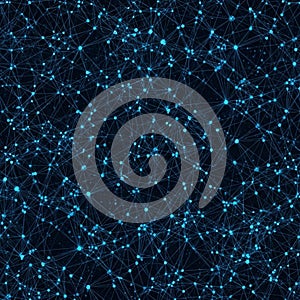 A complex network of interconnected blue nodes and lines on a dark background