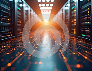 Complex network of interconnected database servers, data storage, management. High tech environment, infrastructure engineering