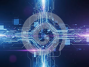 A complex network of interconnected digital circuits and nodes highlighting data flow and activity
