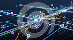 Complex network of interconnected digital data pathways and nodes in futuristic design