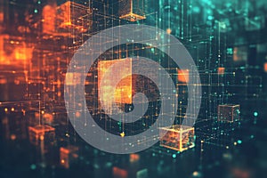 Complex network of interconnected glowing cubes representing blockchain technology, big data, and the future of computing