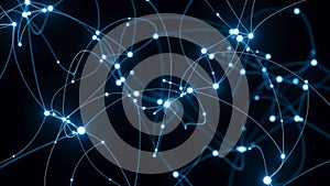 Complex network of interconnected glowing lines and dots set against a dark