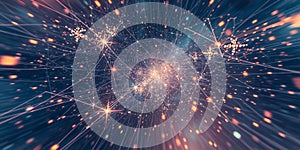 A complex network of interconnected lines and glowing particles creating a digital space