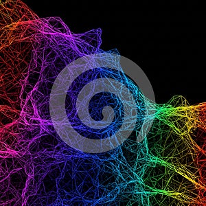 A complex network of interconnected, multicolored lines forms a three-dimensional