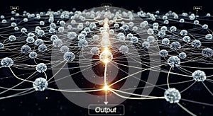 A network of interconnected nodes with input layer and output layer on a dark background