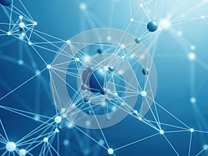 A complex network of interconnected nodes and lines against a gradient blue background
