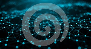 A complex network of interconnected points and lines forms a 3D grid, glowing in a