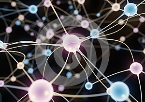 A complex network of interconnected spheres, resembling a neural network or molecular structure, is