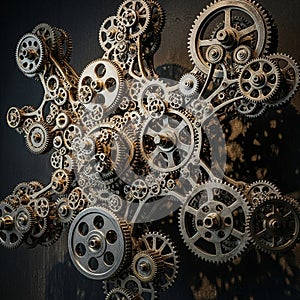A complex network of interlocking gears, featuring various sizes and intricate patterns. The gears,