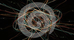 A complex network of intertwined light trails forms an abstract design against a dark