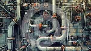 A complex network of large industrial pipes intertwining in a maze of valves and connections, showcasing the infrastructure of