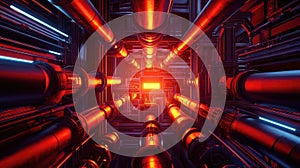 Futuristic industrial pipe system with glowing red core
