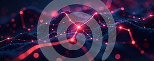 Complex network node visualization  glowing lines  dark background  connection  flow
