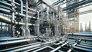 A complex network of pipelines and pipe racks in an oil or chemical industrial plant.